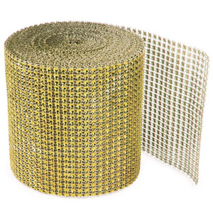 High Quality 24 Row Shiny Golden Diamond Crystal Ribbon Wrap Rhinestone Mesh Ribbon For Christmas Decoration