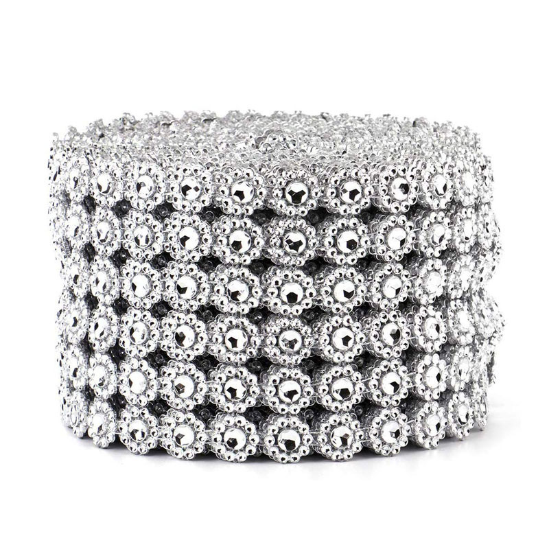 Silver Flower Shape Plastic Crystal Rhinestone Mesh Trimming  Wrap Diamond Mesh Ribbon For Decorations