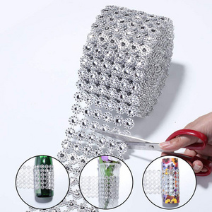 Silver Flower Shape Plastic Crystal Rhinestone Mesh Trimming  Wrap Diamond Mesh Ribbon For Decorations