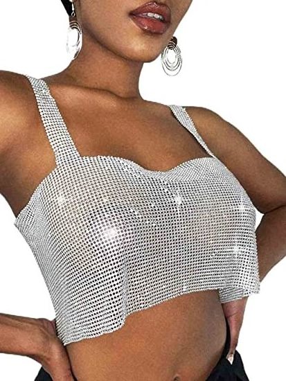 Fashion Crystal Party Club Tops Sexy Rhinestone Aluminum Top For Women Sleeveless Crop Top