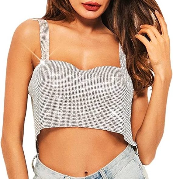 Fashion Crystal Party Club Tops Sexy Rhinestone Aluminum Top For Women Sleeveless Crop Top