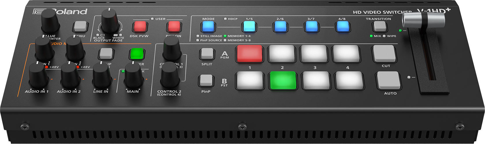 Roland V-1HD+ is a high-definition video switcher with four inputs and two outputs, supporting camera and PC microphone inputs.