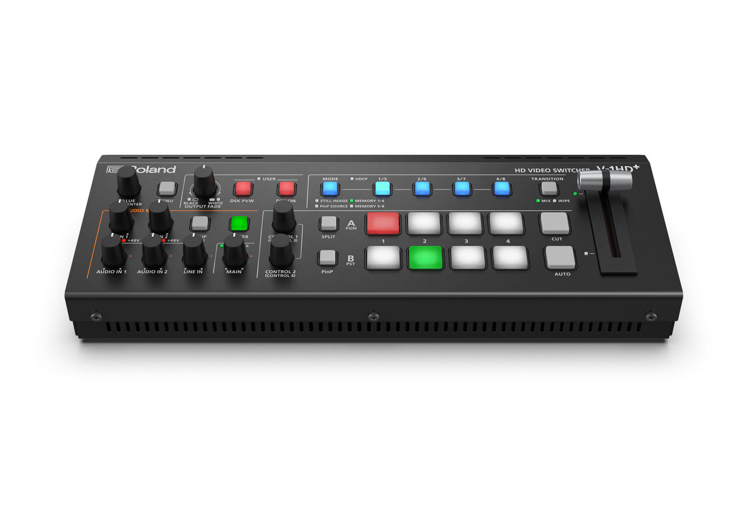 Roland V-1HD+ is a high-definition video switcher with four inputs and two outputs, supporting camera and PC microphone inputs.