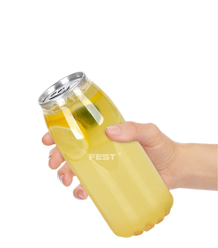 FEST customized 250ml PET bottle for soda and beer clear plastic cans with lid for bubble tea plastic PET bottle