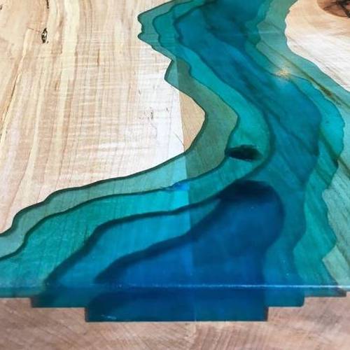 walnut wood turquoise glowing resin transparent glass epoxy river table glue for Live edge river dining table