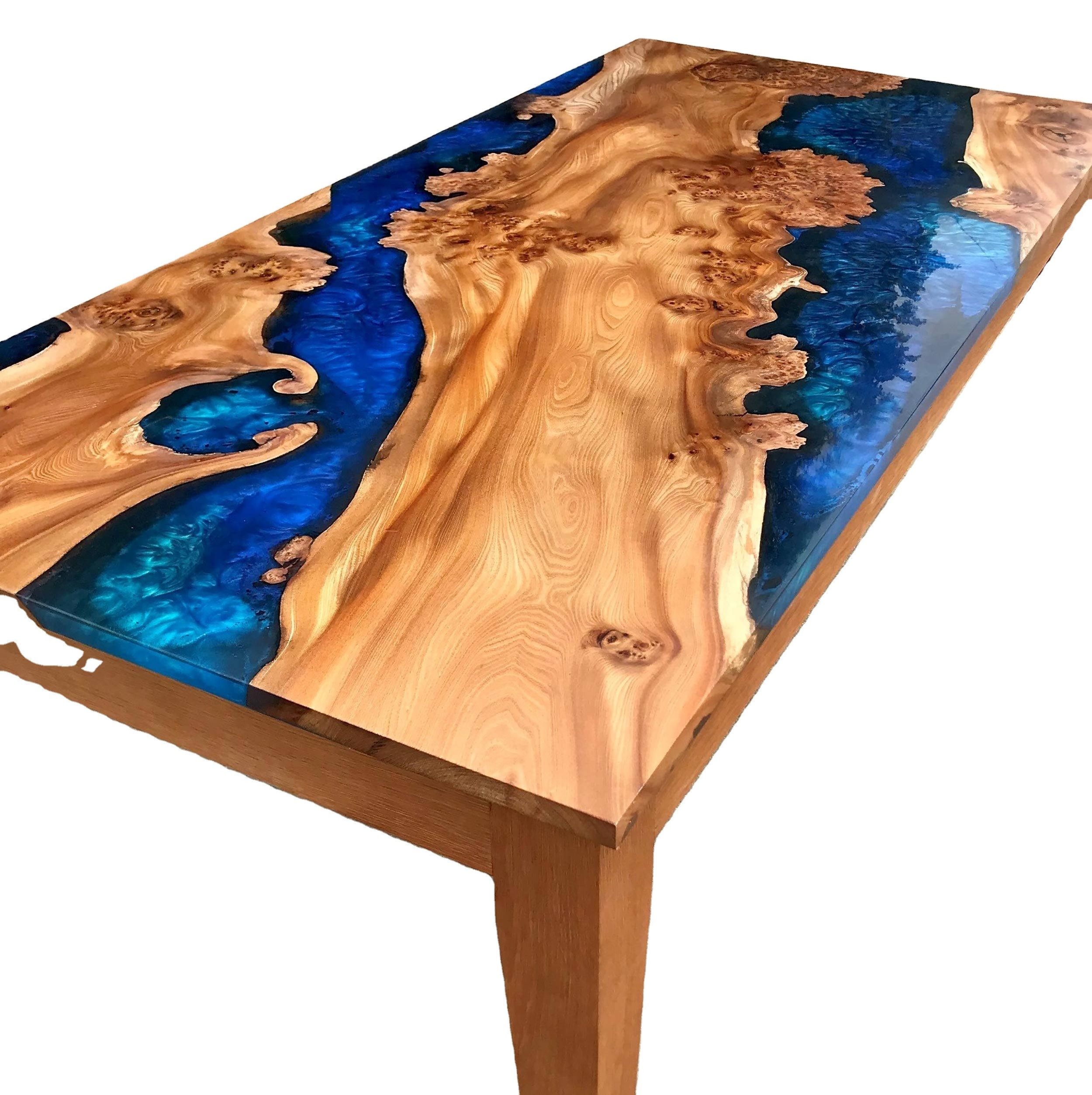 walnut wood turquoise glowing resin transparent glass epoxy river table glue for Live edge river dining table