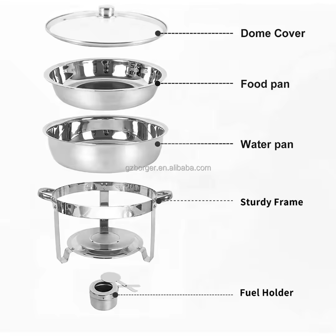 Factory 4.5L Stainless Steel alcohol heating soup pot buffet iron holder Chafing dish food warmer hot pot with glass cover