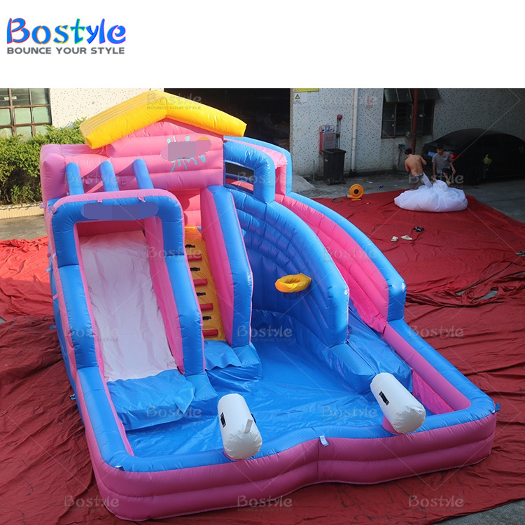 Commercial kids bounce house water slide with pool pink backyard water slide water inflatable bouncer slide for sale