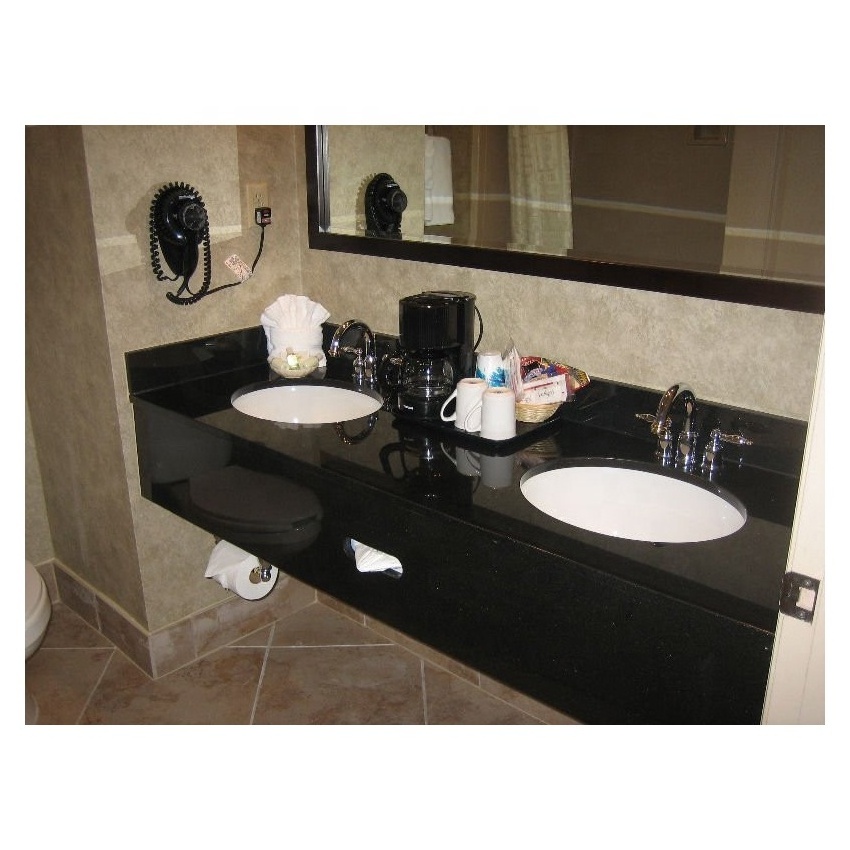 China cheap black galaxy granite price black granite stone bathroom worktop with double white basin