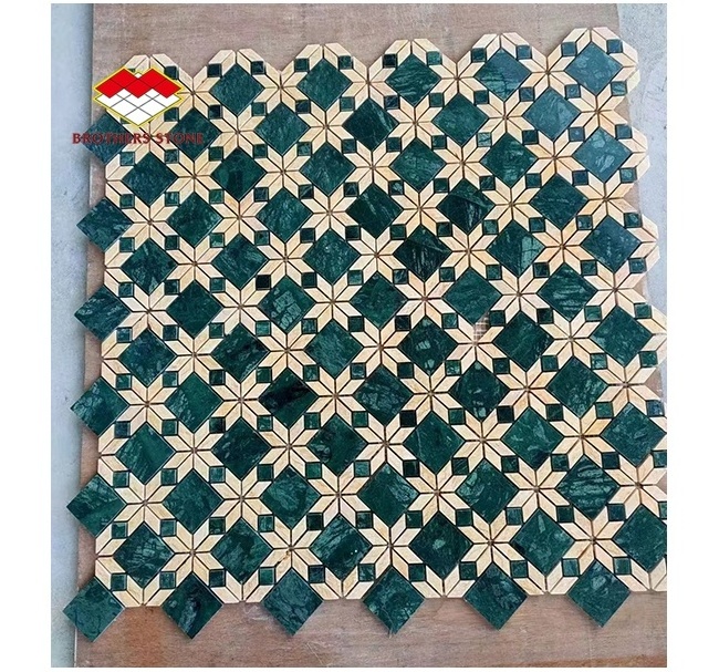 Natural green and beige marble mosaic tile cutting marble star flower Design Wall And Floor