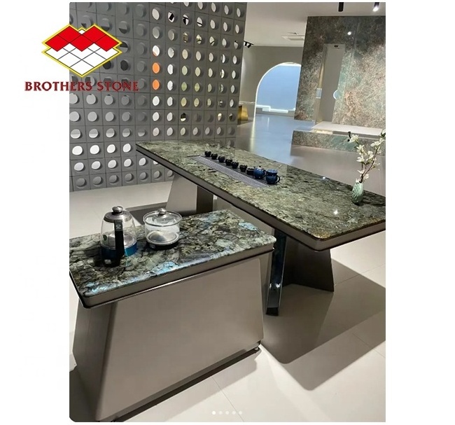 Polished Natural Stone Emerald Blue Granite Labradorite Blue Granite Slab Tiles For Countertop Table set