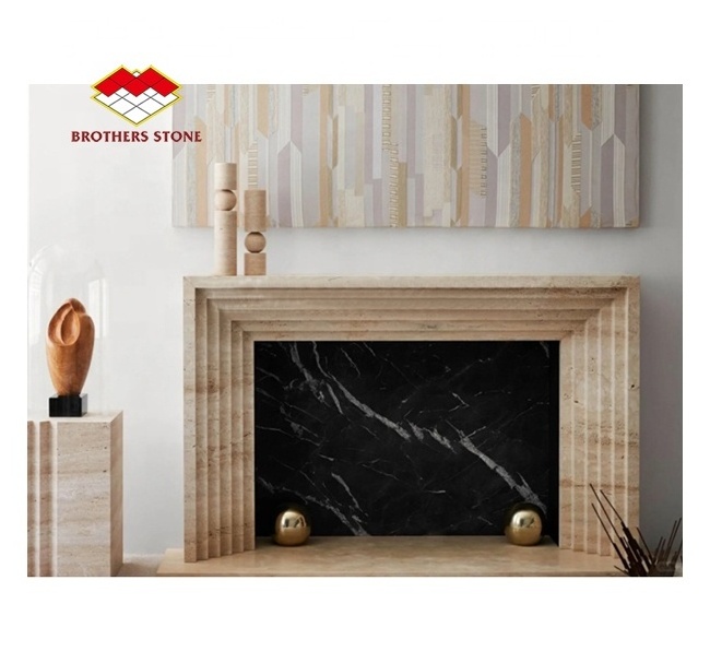 Carved natural travertine European style indoor marble fireplace surround beige stone suspended decor fireplace for sale