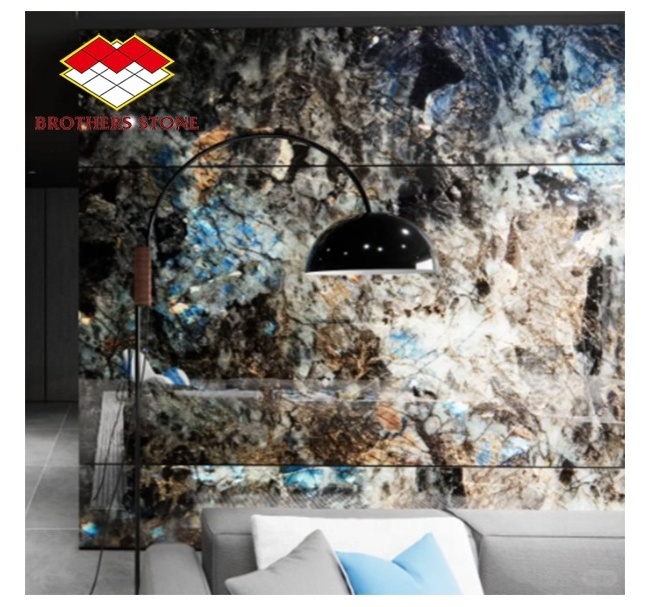 Polished Natural Stone Emerald Blue Granite Labradorite Blue Granite Slab Tiles For Countertop Table set