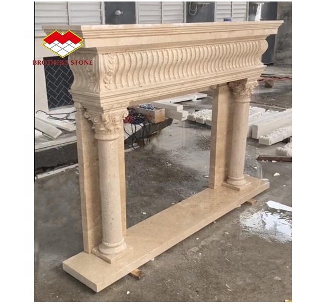 Carved natural travertine European style indoor marble fireplace surround beige stone suspended decor fireplace for sale