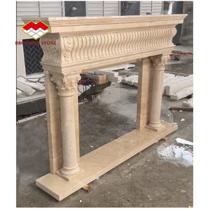 Carved natural travertine European style indoor marble fireplace surround beige stone suspended decor fireplace for sale