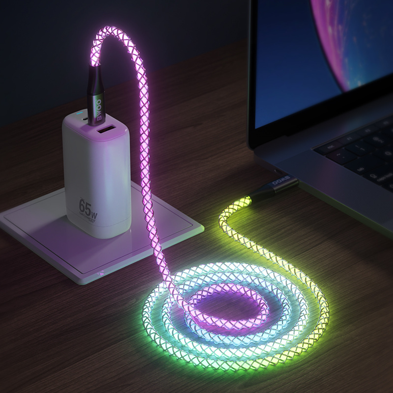 BWOO wholesale 65W mobile phone type c to type c usb cable RGB light fast charging transparent type-c usb cable