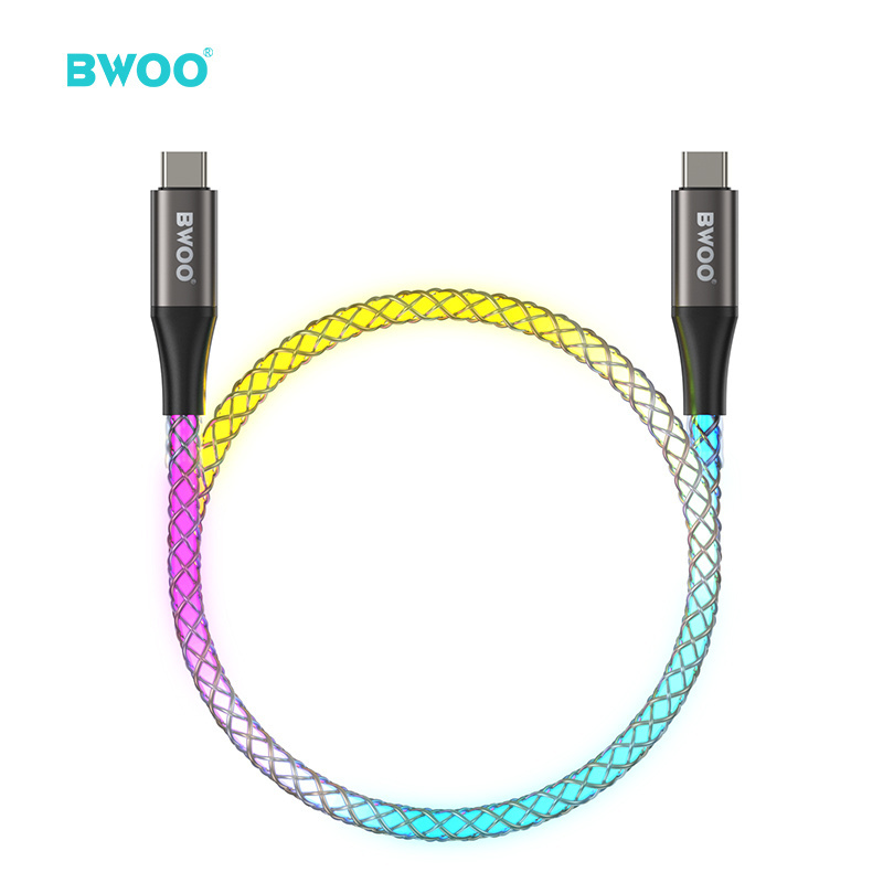 BWOO wholesale 65W mobile phone type c to type c usb cable RGB light fast charging transparent type-c usb cable