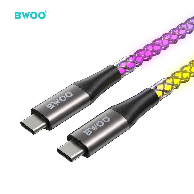 BWOO wholesale 65W mobile phone type c to type c usb cable RGB light fast charging transparent type-c usb cable