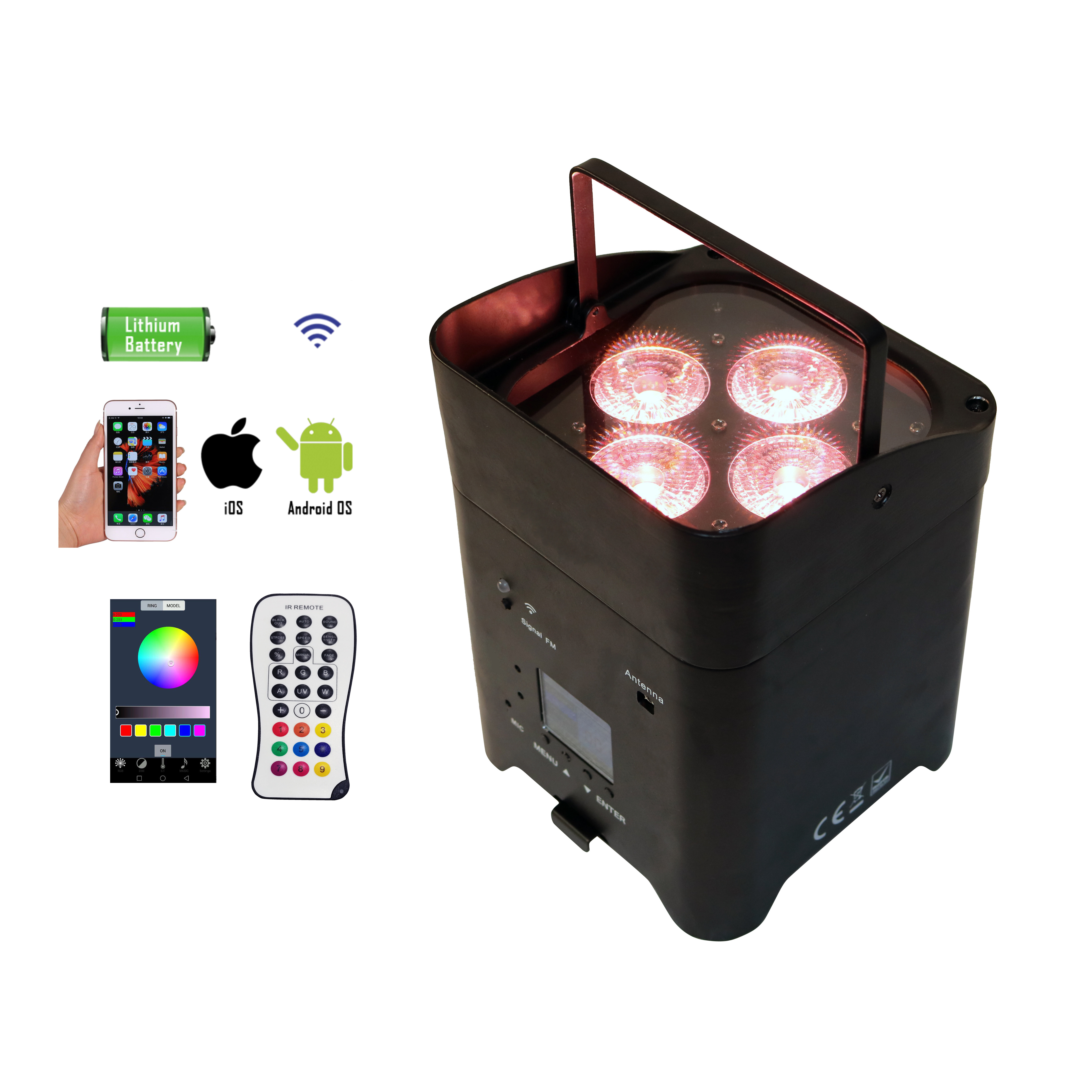 Easy to carry party light Wifi/Wireless DMX/Remote Control LED Battery Uplight  4X12W RGBWA+UV 6in1 battery powered light