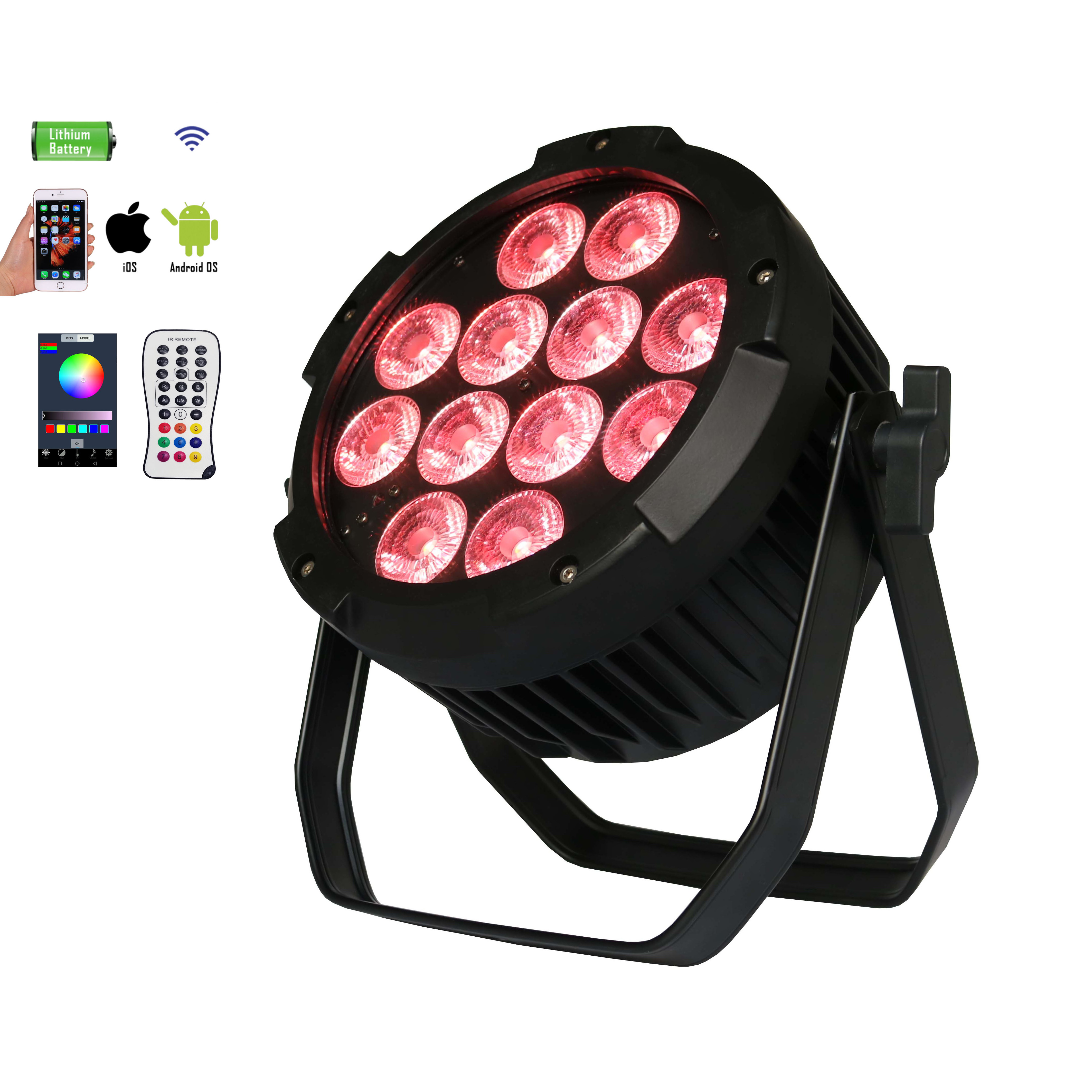 outdoor ip65 12x6in1 led battery powered wireless dmx wifi slim led flat par light with IR Remote