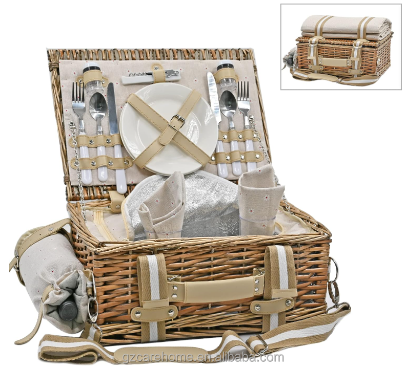 Rattan Picnic Basket Set with Insulated Liner and Waterproof Picnic Blanket Wine Pouch Large Wicker Picnic Hamper for Camping