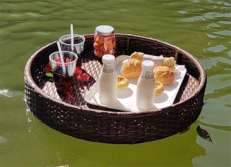 high end bali swimming pool drinks food breakfast serving trays round rattan floating tray for pool