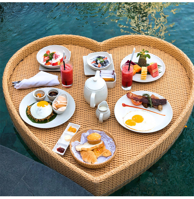 Custom Hotel Round Rattan Brunch Floating Breakfast Tray For Swimming Pool Floating Pool Tray For Food And Drinks Serving Trays