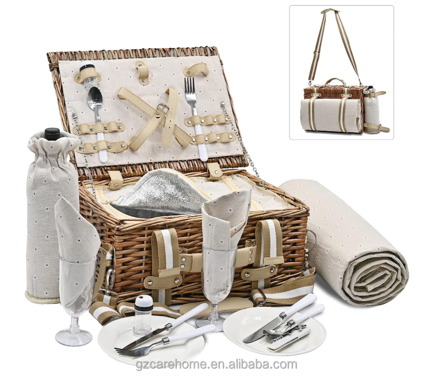 Rattan Picnic Basket Set with Insulated Liner and Waterproof Picnic Blanket Wine Pouch Large Wicker Picnic Hamper for Camping