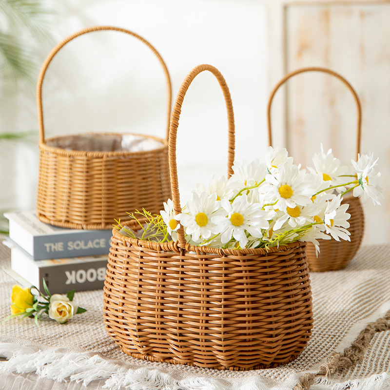 New Arrival Discount Wholesale Large Wall Hanging Gift Fruit Easter Egg Wicker Baskets With Handles Plastic Rattan Flower Basket