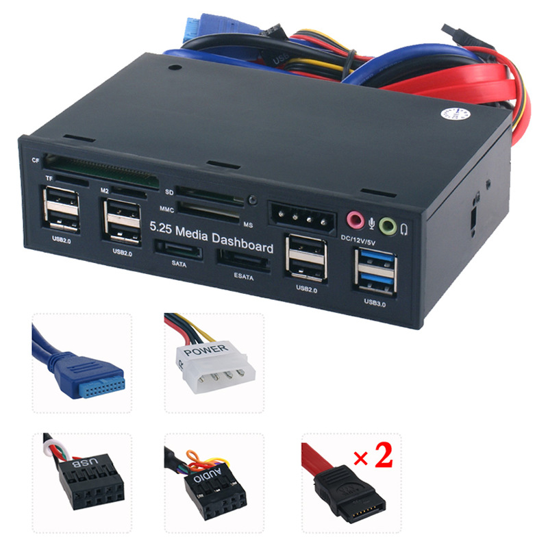 5.25 Inch PC Media Dashboard Front Panel Audio With SATA eSATA 2 x USB 3.0 And 6 x USB 2.0 Hub SD TF MMC M2 CF MS Card Reader