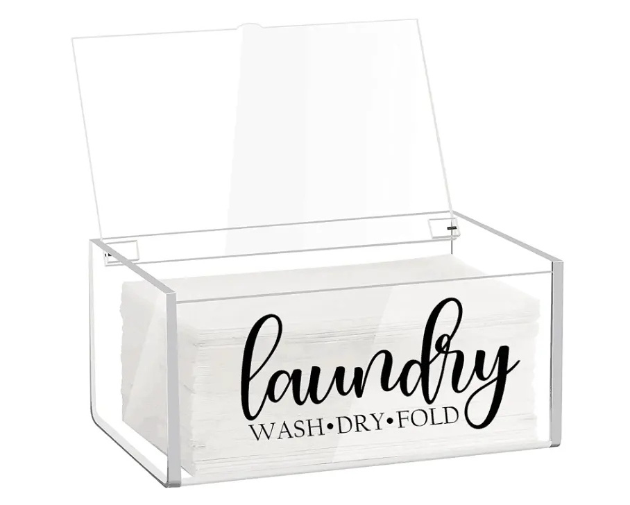 Customized Decor Storage Containers Box Acrylic Rectangle Dryer Sheet holder Dispenser with Hinged Lid Clear Dryer Holder