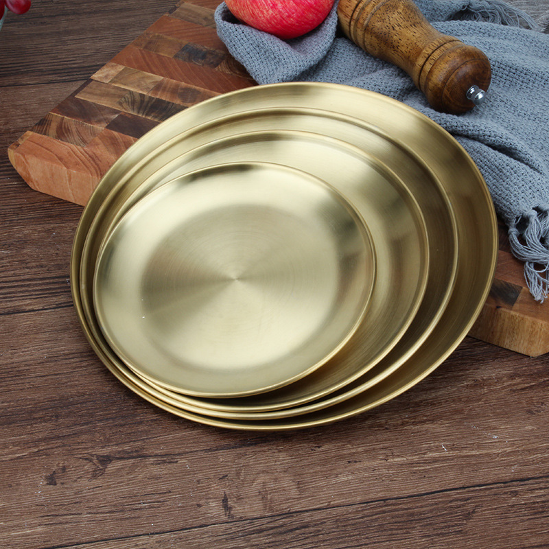 Gold Restaurant Gold Serving Tray Round Dessert Stainless Steel Dinner Plates Cake Dish Silver Storage Plate For Wedding