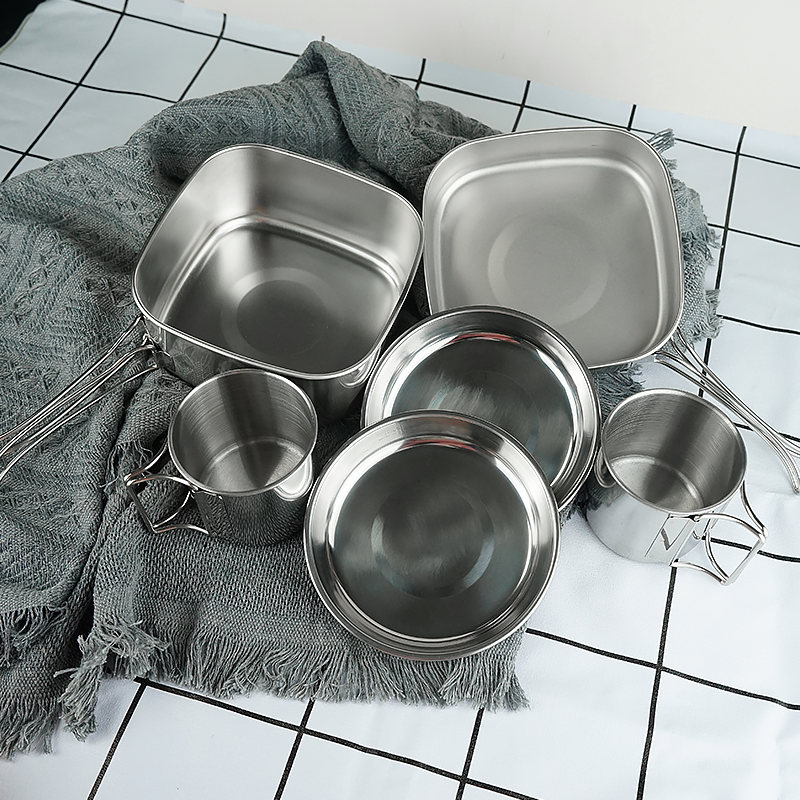 Chenfan Stainless steel camping pot mess outdoor tableware cookware 6pcs in one set stainless steel cup Bowl portable sets