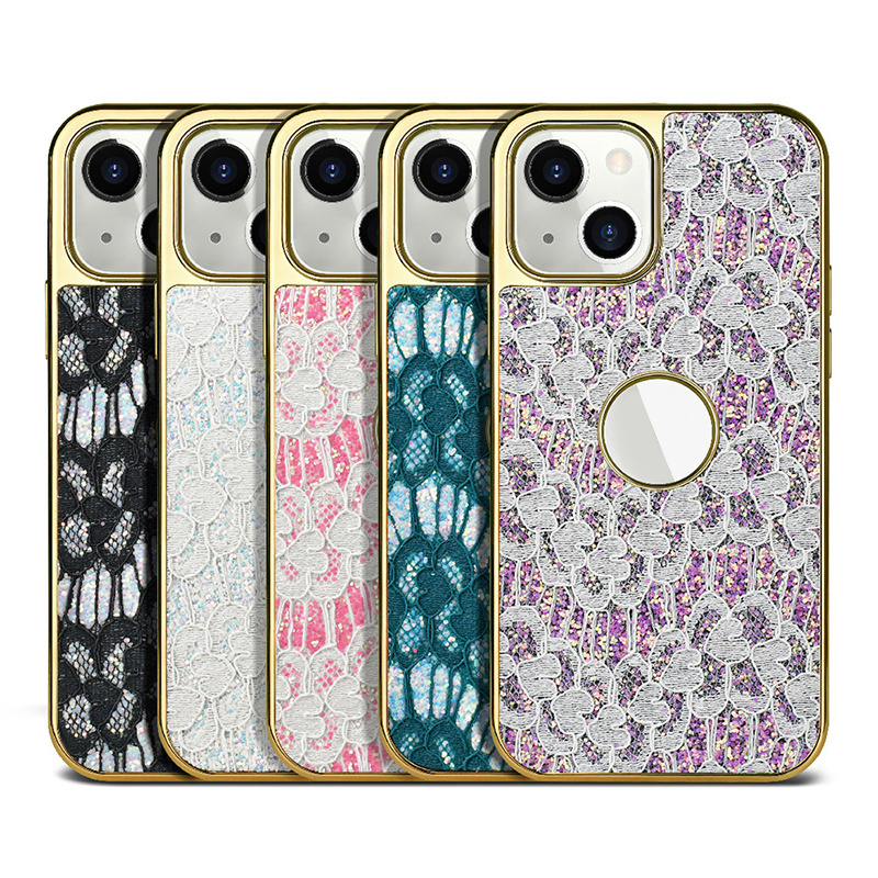 New Design Luxury Galvanized Lace Sequins Cell Phone Case For iPhone 14 Pro Max 13 12 Mini 11 X/Xs Girl Mobile Cover