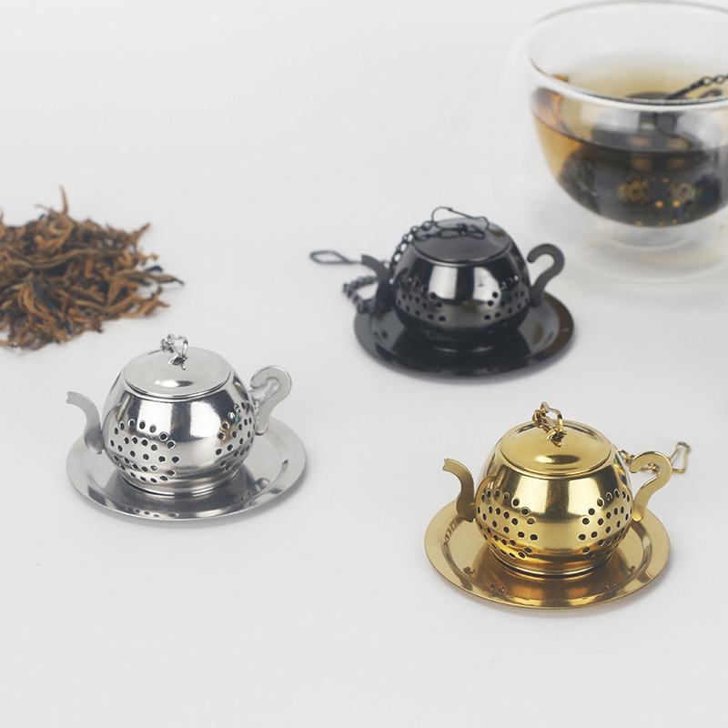 Tea Strainer Teapot Shape Loose Tea Infuser Stainless Steel  Tea Maker Strainer Chain Drip Tray Spice Filter With Dish