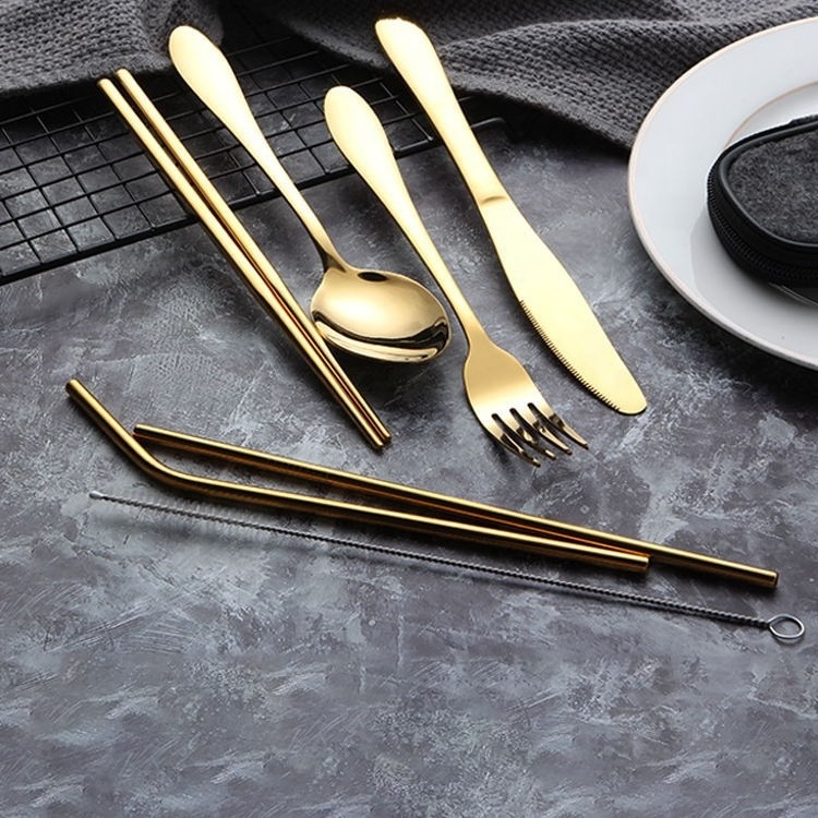 Reusable Travel Cutlery Set Utensils Set with stainless steel Spoon Fork Chopsticks Straw Portable case