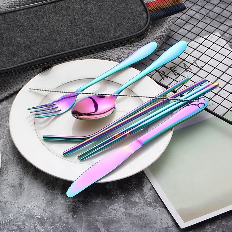 Reusable Travel Cutlery Set Utensils Set with stainless steel Spoon Fork Chopsticks Straw Portable case