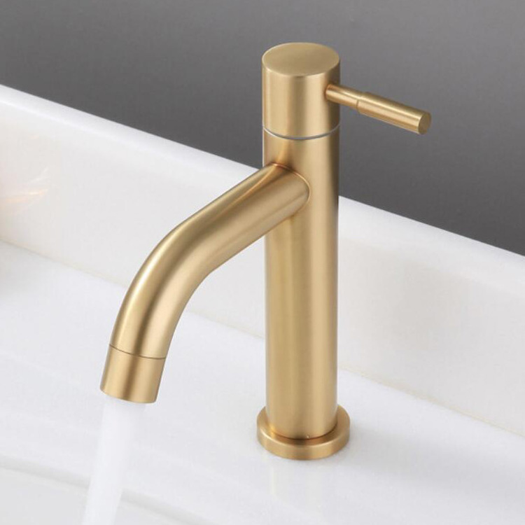 304 SUS Single Cold Deck Mounted Brushed Gold Stainless Steel Tap Bathroom Basin Sink Faucet