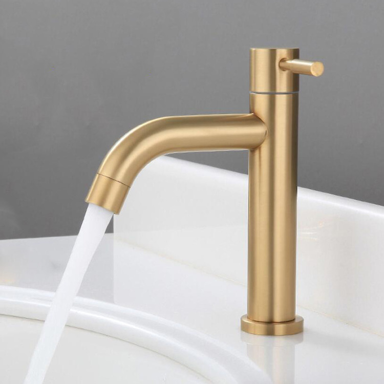 304 SUS Single Cold Deck Mounted Brushed Gold Stainless Steel Tap Bathroom Basin Sink Faucet