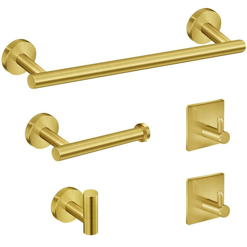 5 Pieces 304 Stainless Steel Bath Shower Bathroom Hardware Accessories Set Kit Wall Mounted Single Hook Towel Bar Paper Holder