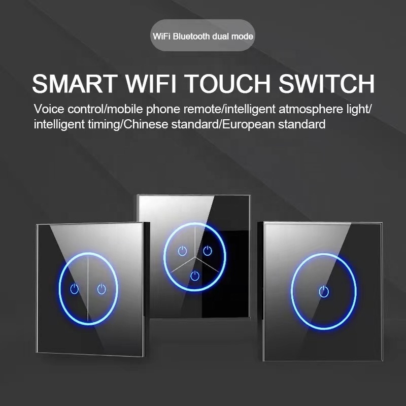 New Design Tuya App Alexa Voice Remote Control UK EU Standard 1/2/3Gang Glass Panel LED Wifi Smart Touch Wall Light Switch