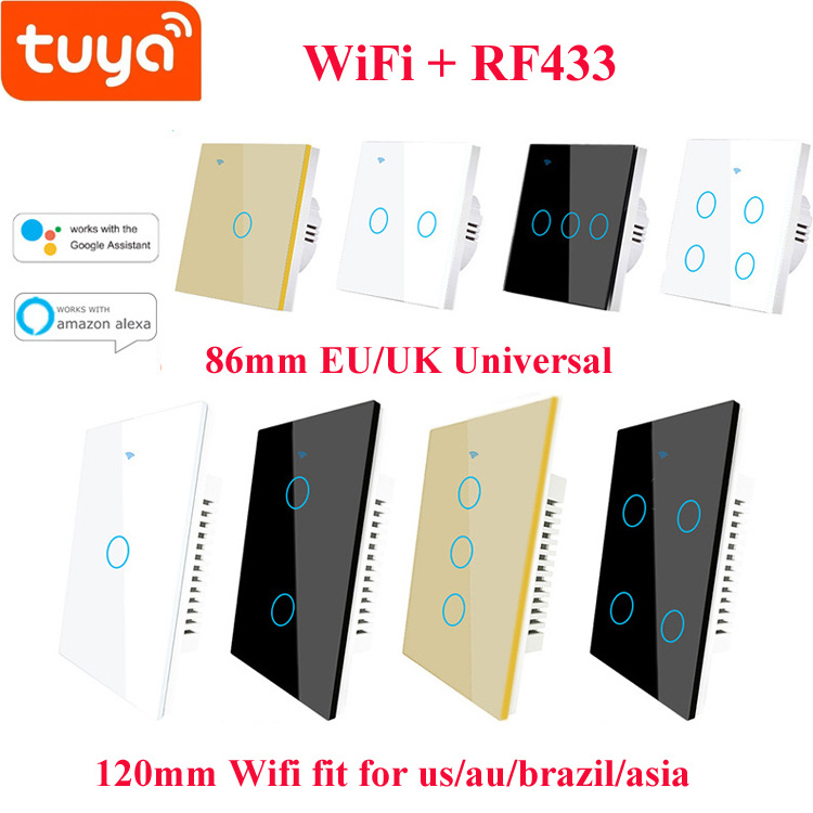 110v 220v No neutral & neutral wire 1/2/3/4 Gang Tuya WiFi Light Switch With RF433 Electric Wall Smart Touch Switch