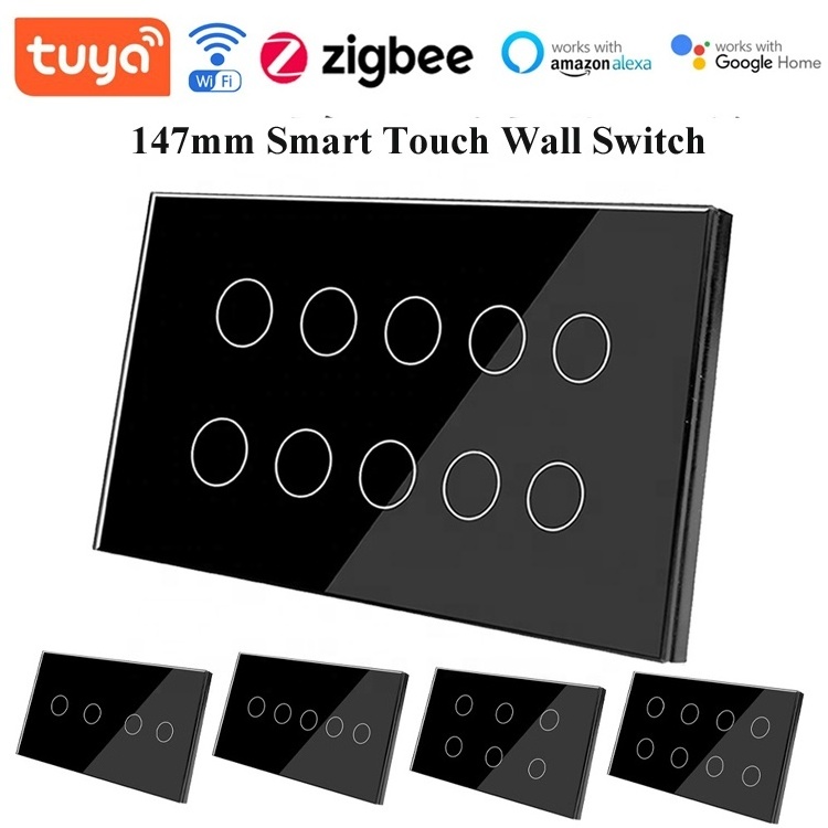 TUYA Smart Life App UK/EU 147mm 10A  6/8/10 Gang Glass Panel LED Light Wall Switch Zigbee WiFi Smart Switch 6 gang