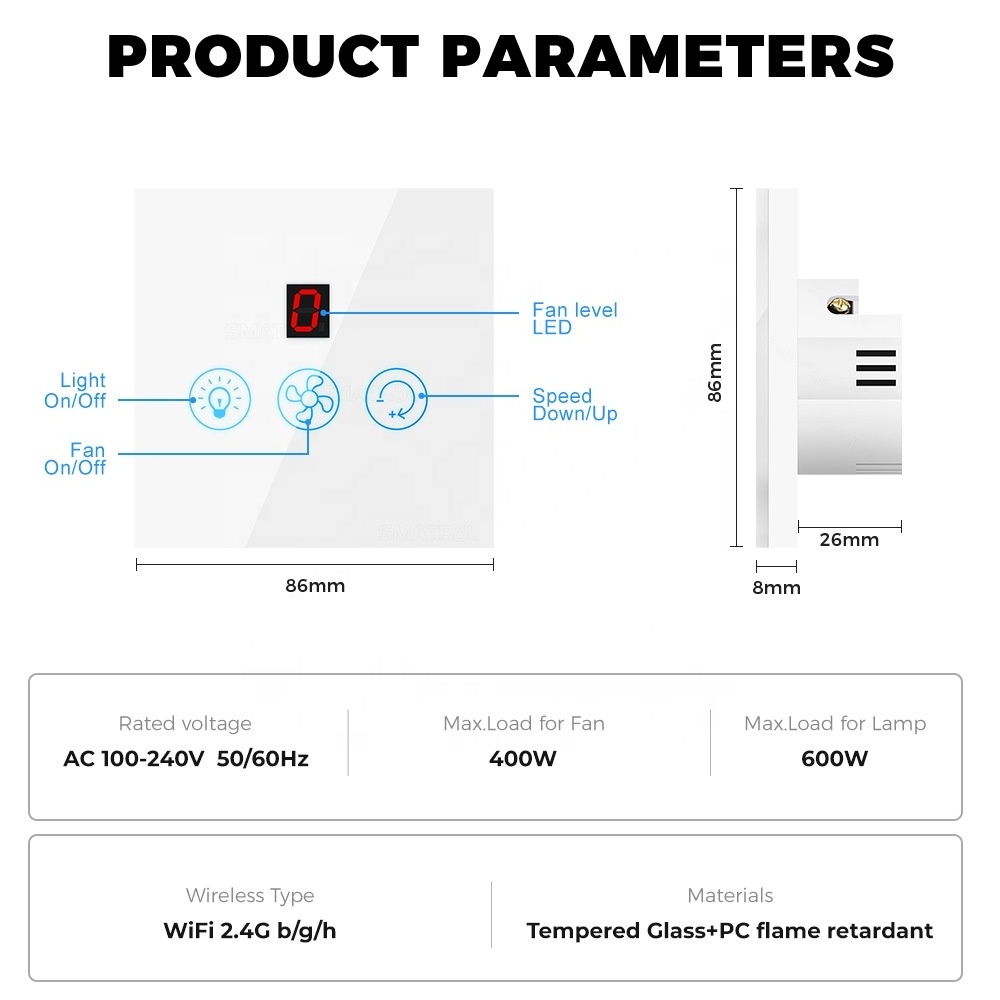 TUYA Smart Home Lamp Fan Switch Glass Material WiFi Smart Fan Light Switch with 5 fan speed and light control