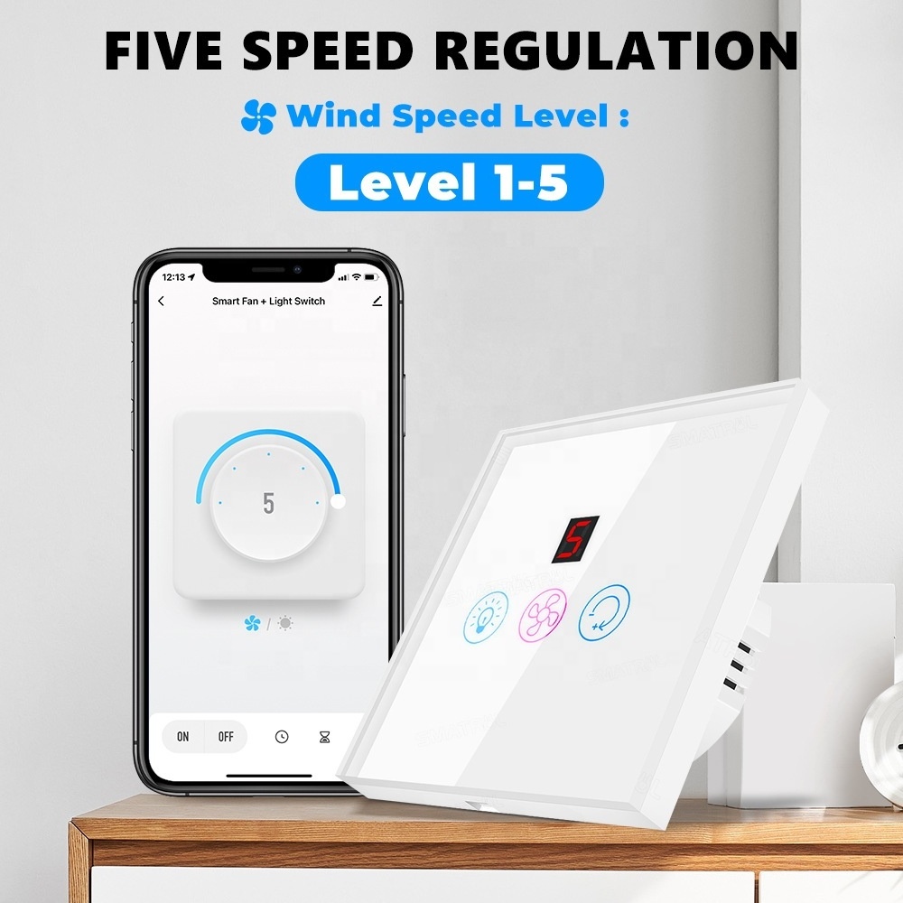 TUYA Smart Home Lamp Fan Switch Glass Material WiFi Smart Fan Light Switch with 5 fan speed and light control