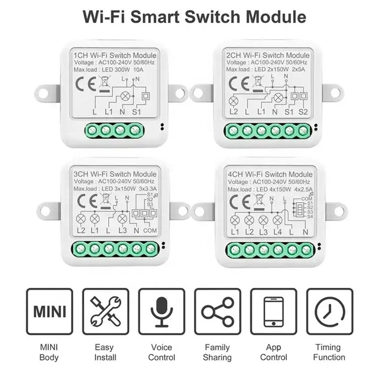 1/2/3/4 Gang 10A 110v-240v Mini Tuya Smart Switch Module Wifi Smart Light Relay Wall Switch Module