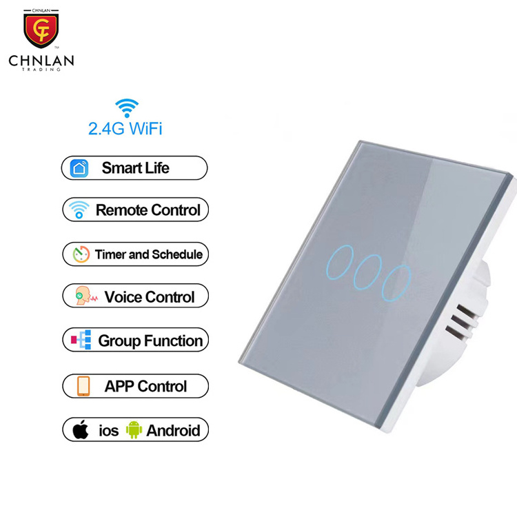 Tuya App Voice Remote Control EU UK 220V 1/2/3/4 Gang Universal Glass Touch Wall Smart Light Switch WiFi for Hotel Home Use