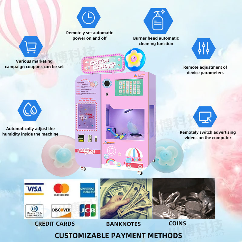 Hot Sale Latest Guangzhou Factory Candy Floss Vending Automatic Machine Fully Cotton Candy Vending Machine For Small Businesses