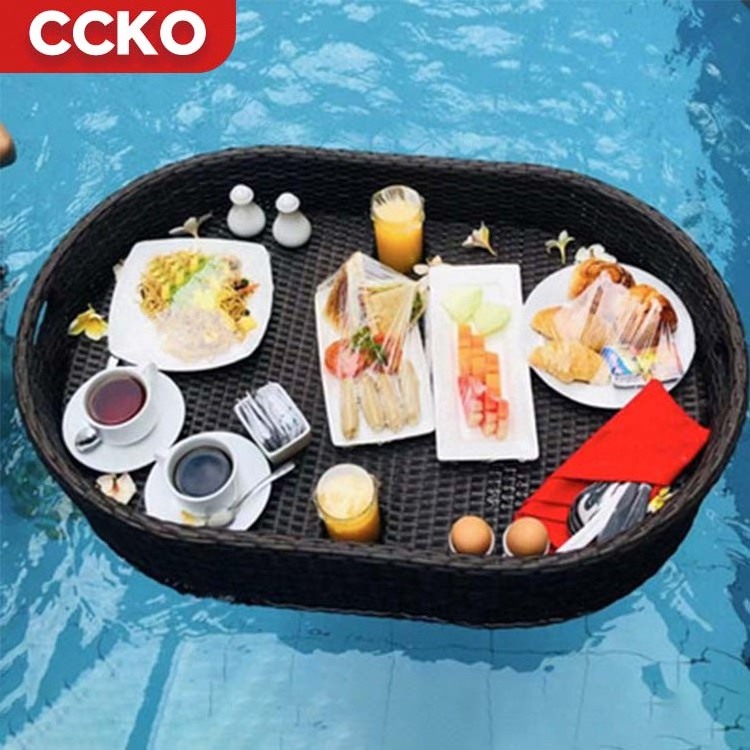 Hotel Custom Rattan Brunch Floating Breakfast Tray For Swimming Pool Floating Pool Tray For Food And Drinks Serving Trays