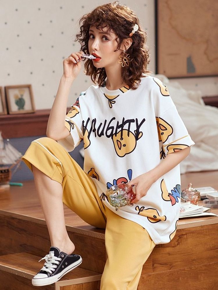 Wholesale Custom 2023 Loungewear 23 Colors Pattern Short Sleeve Sleepwear 2pcs Ice Silk Pajamas For Women Set